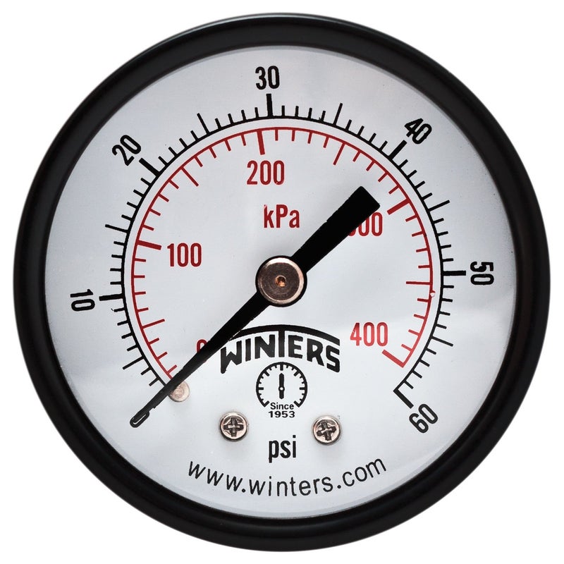 Winters 2 inch Dial Size, Multi Function Application Economy Utility Dry Pressure Gauge, Brass Internals, Steel Case, Dual Scale 0-60 psi/kPa, 3-2-3% Accuracy, 1/4 inch NPT Back Mount, Pressure Gauge